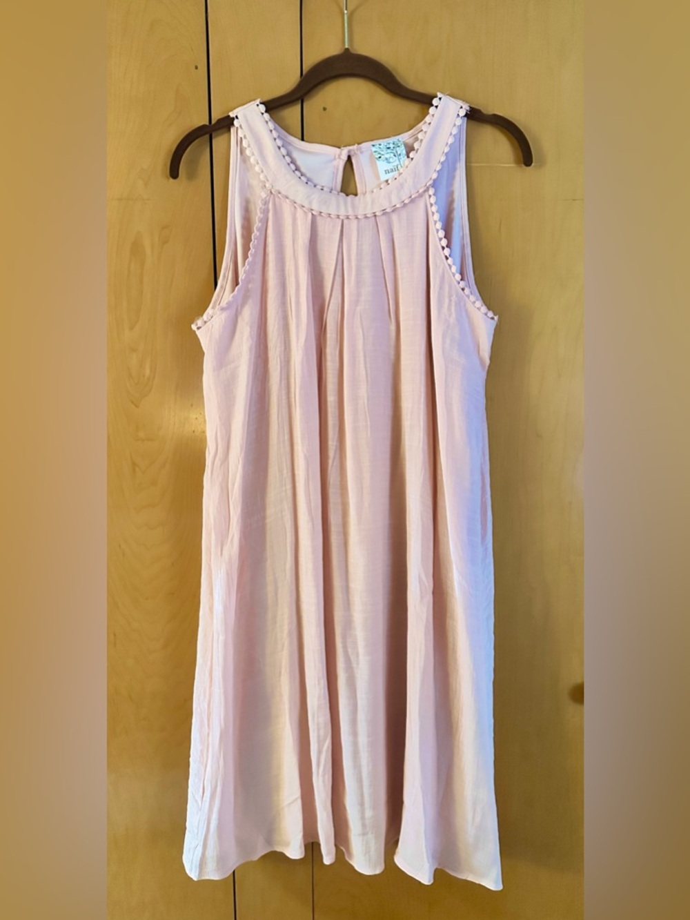 Anthropologie Naïf Soft Pink Pleated Pom Pom Trim Gauze Shift Dress Size S
